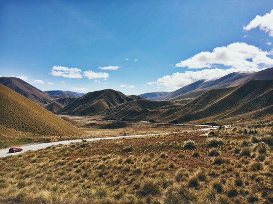 Lane winding through tussock lands, rolling hills and blue skies 