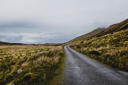 cloudy skies, deserted nz gravel road, tussock grass on field surrounding