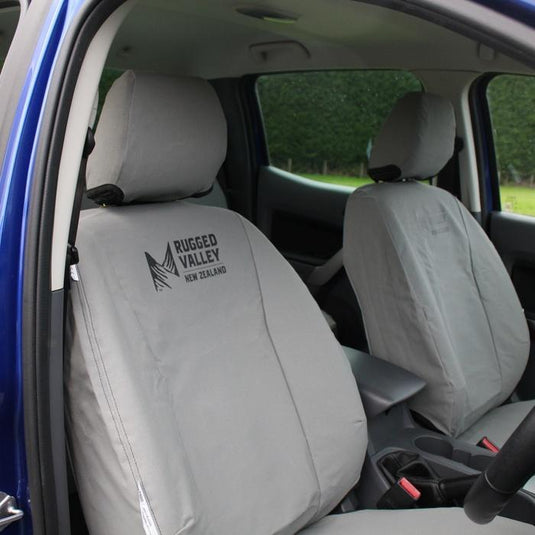 Grey Rugged Valley seat covers fitted to front seats in ute