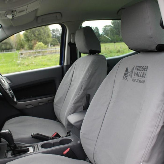 Slate grey rugged valley seat covers on front seats in ute