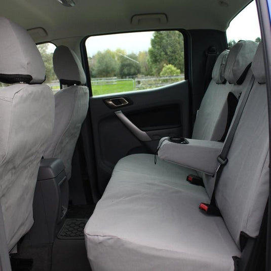Grey rugged valley seat covers fitted to rear bench in ute