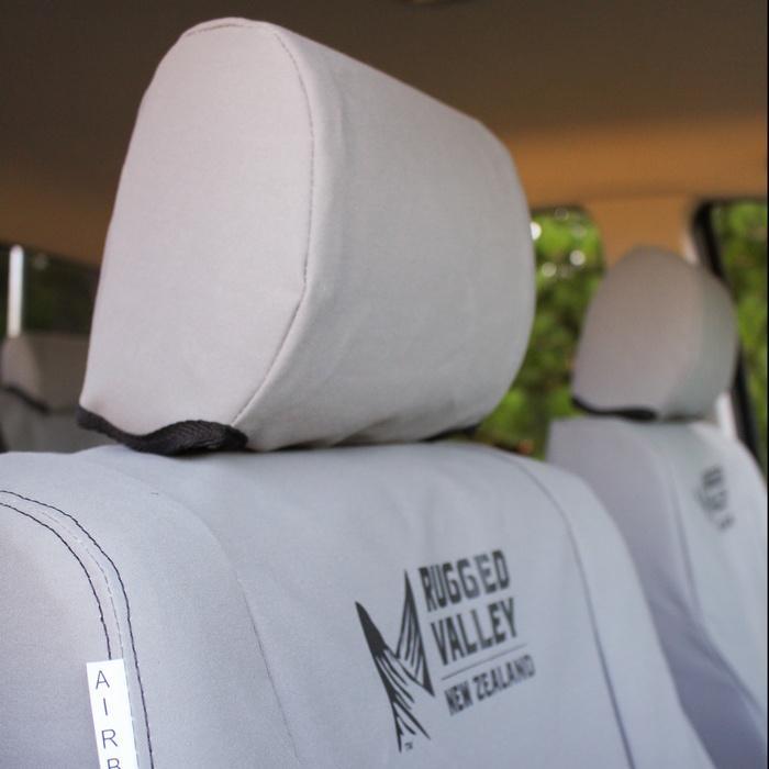 Load image into Gallery viewer, close up of grey rugged valley seat cover showing airbag seam
